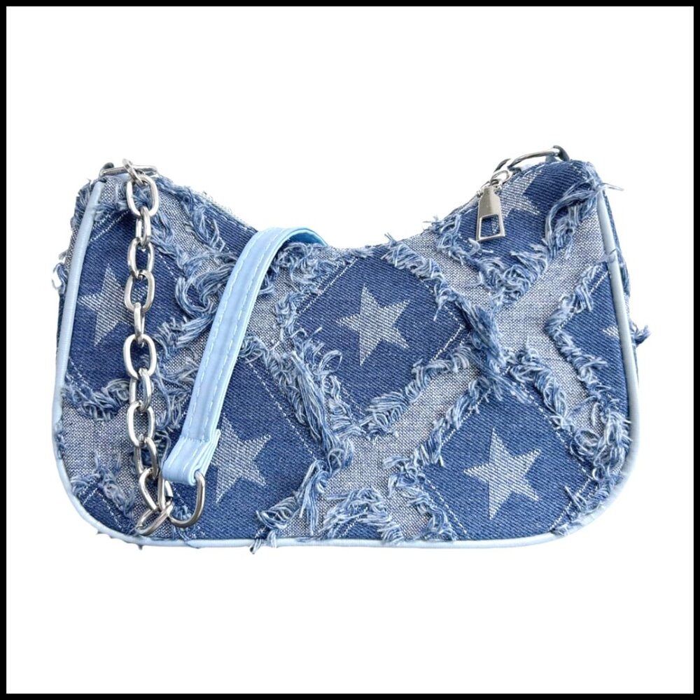 Retro Denim Shoulder Bag Y2K Vintage Small Handbag Checkered Star Pattern